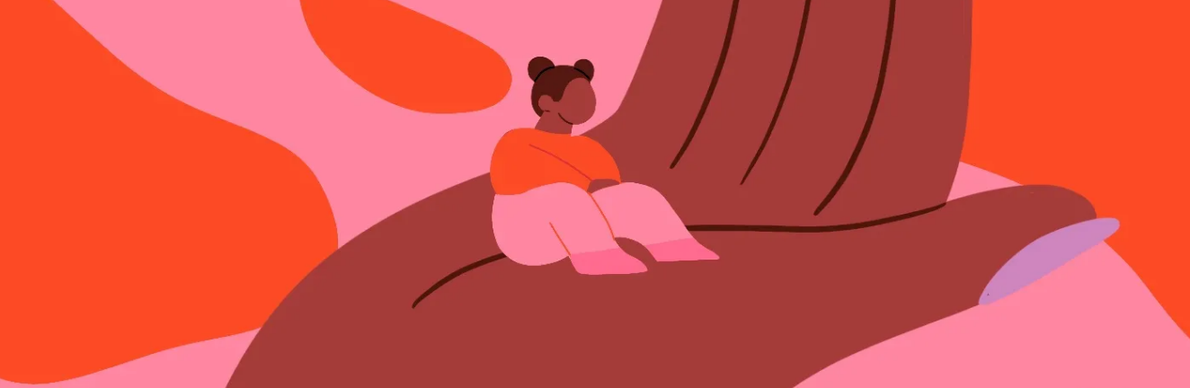 A stylized illustration of a person with dark skin and hair buns sitting on an oversized human hand.